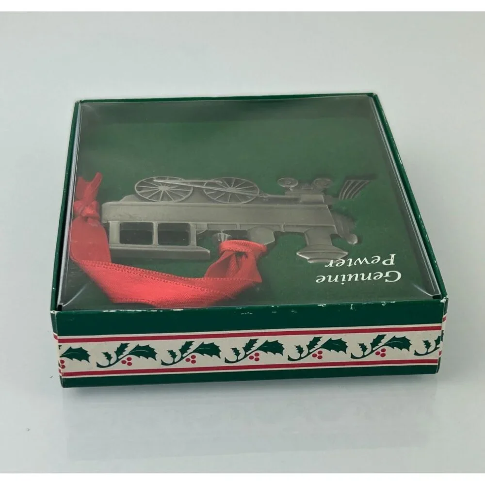 Genuine Pewter Train Christmas Ornament Holiday Tree Decor Red Ribbon VTG USA